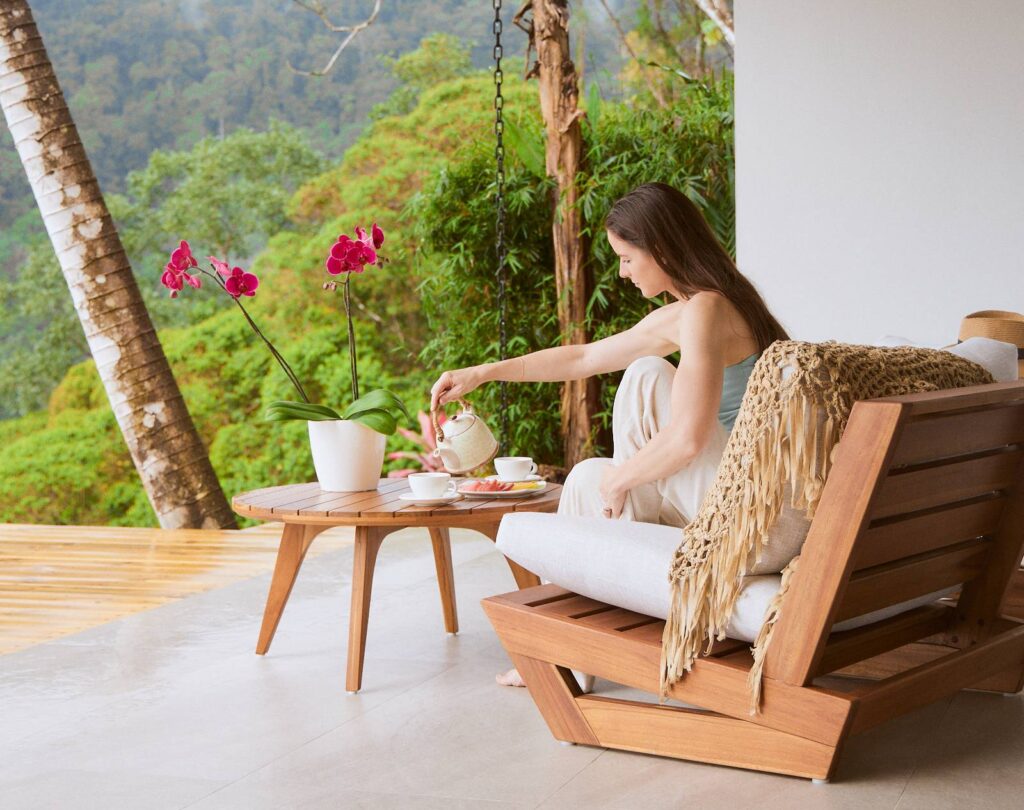 Relaxing on deck during wellness retreat